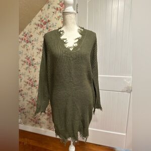 Olive Green Distressed V-Neck Sweater